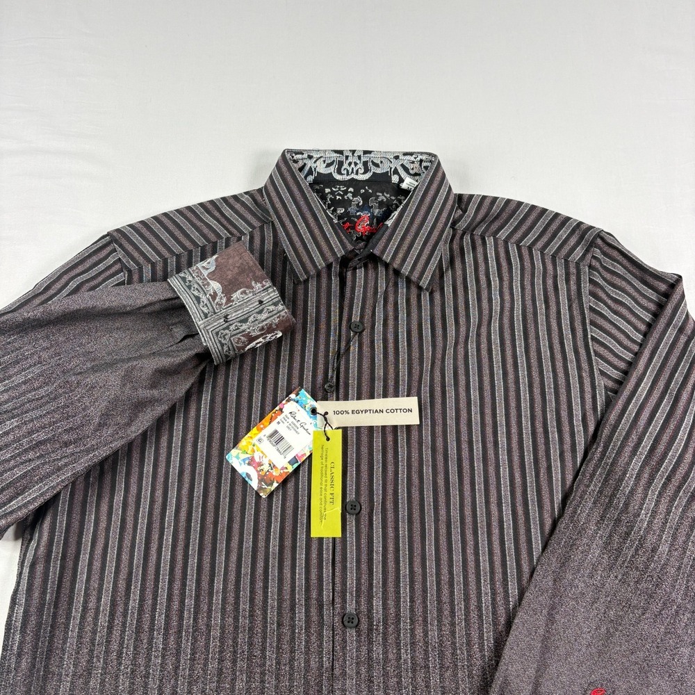 Robert Graham Shirt Mens Medium Gray Striped Flip Cuff Button Up NEW